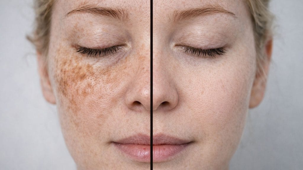 Comparação antes e depois do tratamento de melasma em mulher de pele muito clara, mostrando redução significativa das manchas escuras no rosto e melhora da uniformidade da pele.