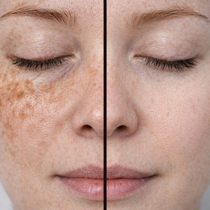 Comparação antes e depois do tratamento de melasma em mulher de pele muito clara, mostrando redução significativa das manchas escuras no rosto e melhora da uniformidade da pele.